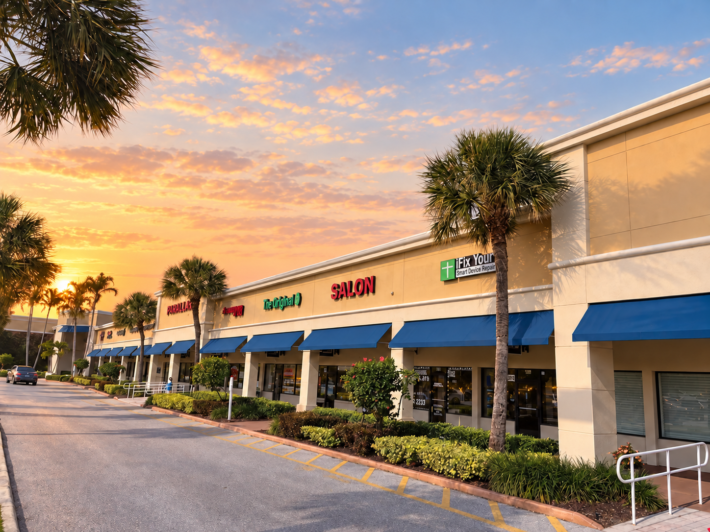 Concourse Village shopping center in Jupiter, with palm trees and blue awnings in warm sunrise light