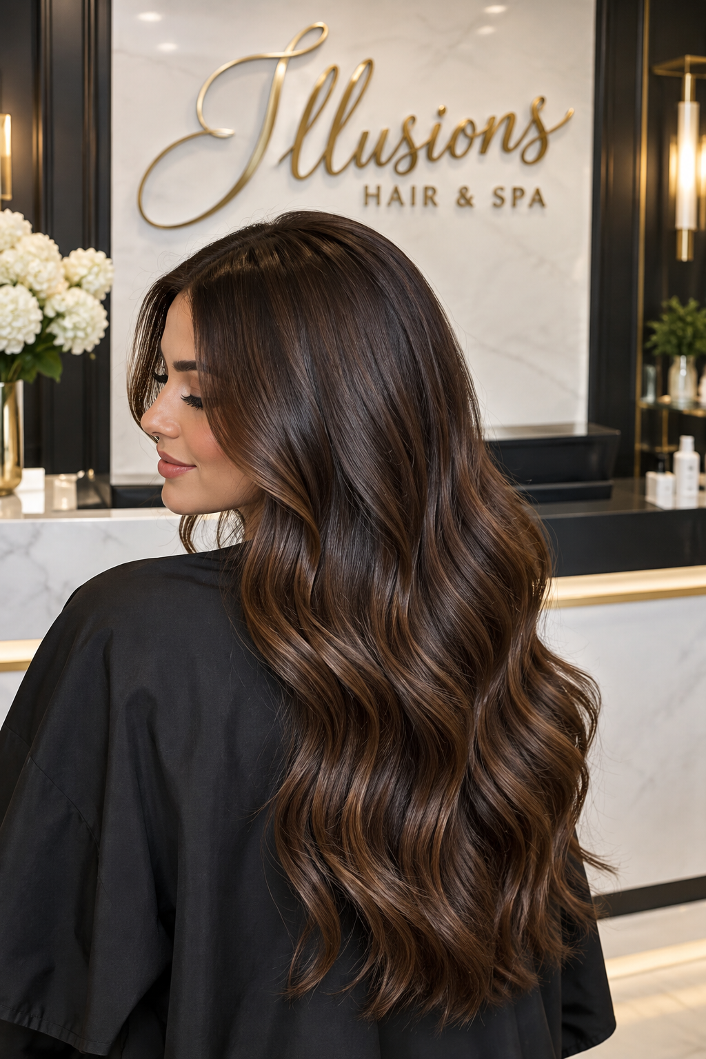 Illustrative glossy brunette waves against a white, black and gold Illusions salon backdrop
