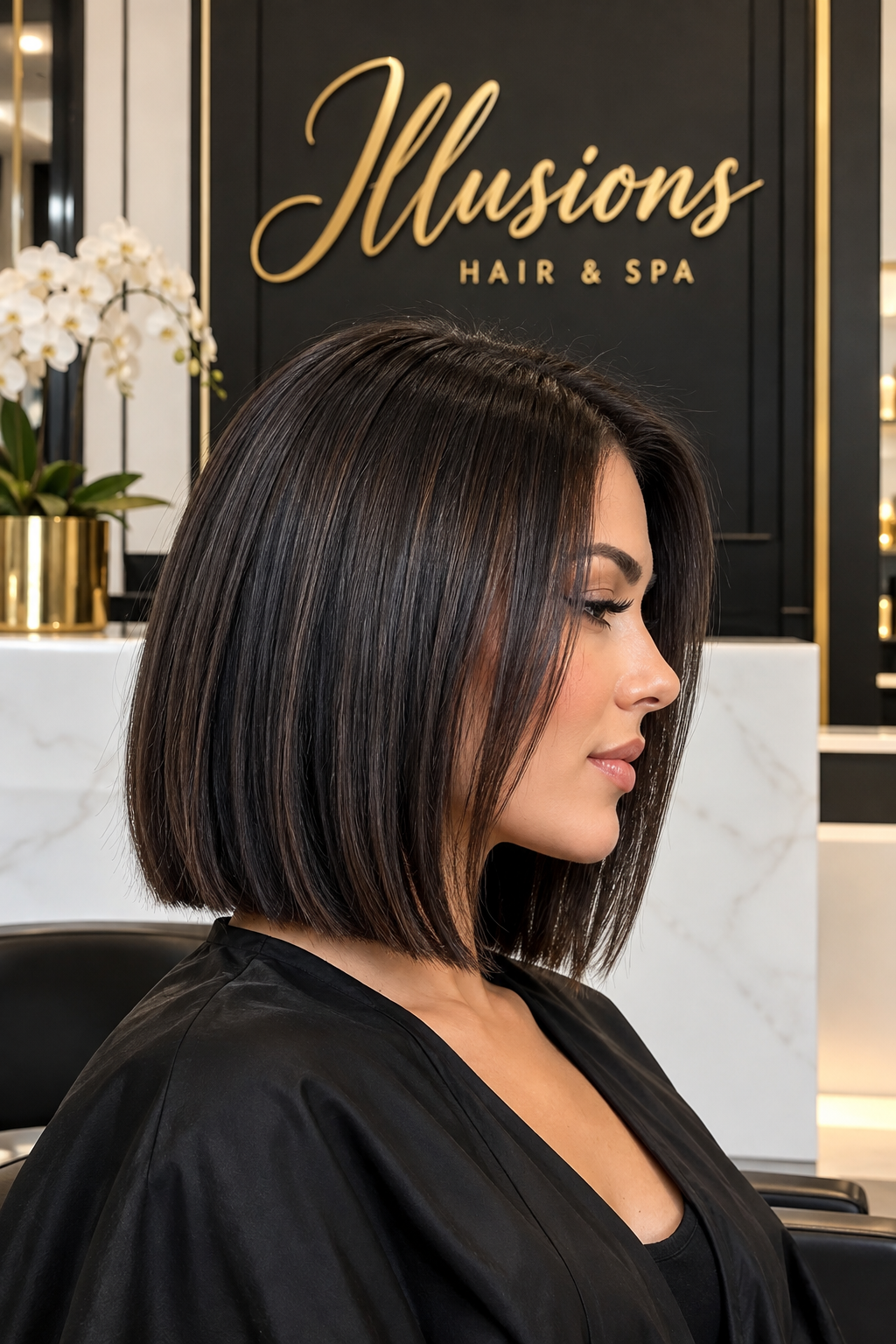 Illustrative precision bob against a white, black and gold Illusions salon backdrop