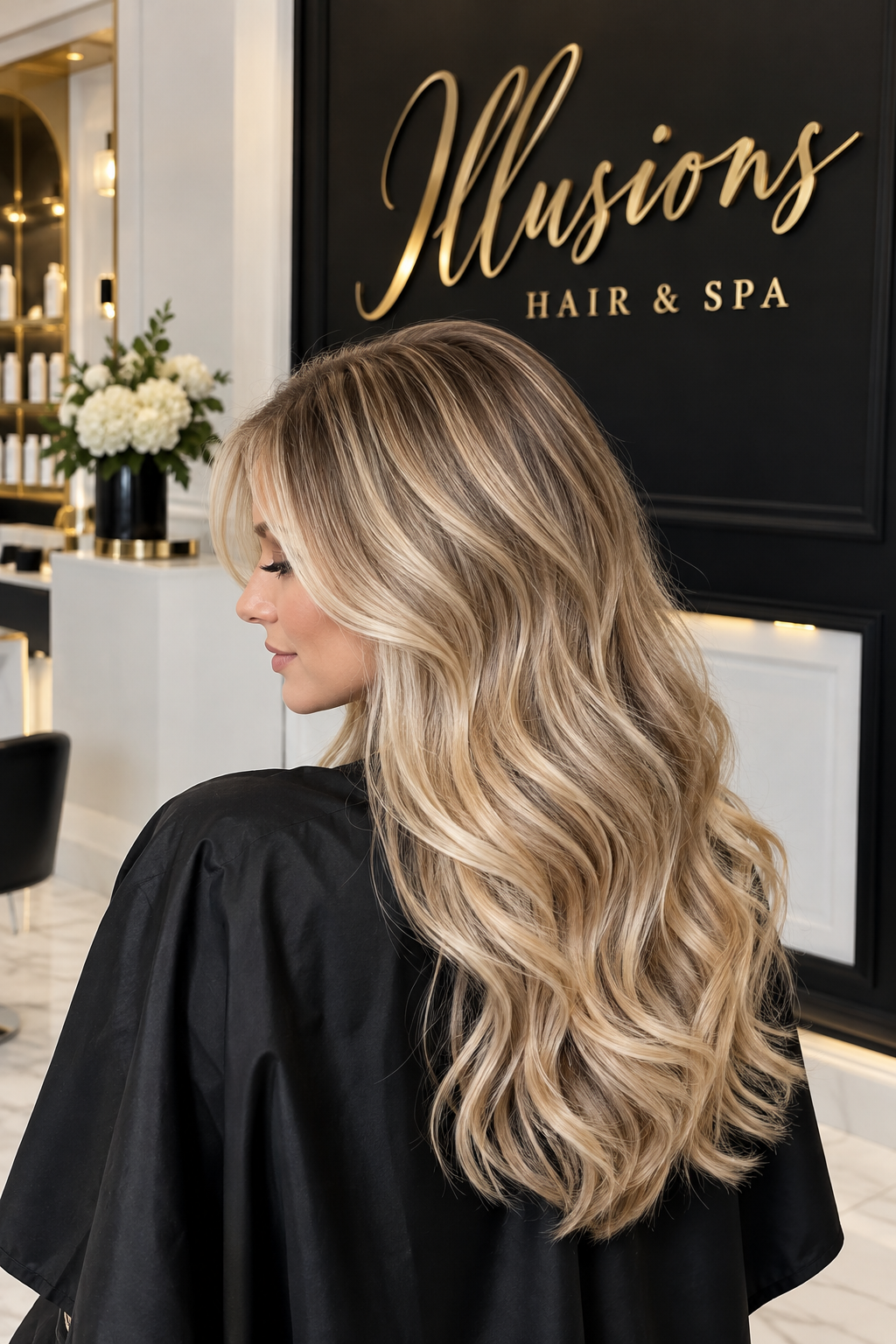 Illustrative luminous blonde highlights against a white, black and gold Illusions salon backdrop