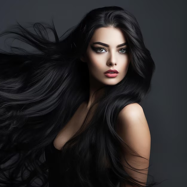 Model with long, glossy black hair