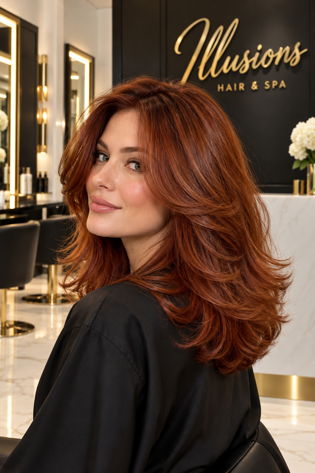 Illustrative copper auburn layered hairstyle with a white, black and gold Illusions backdrop