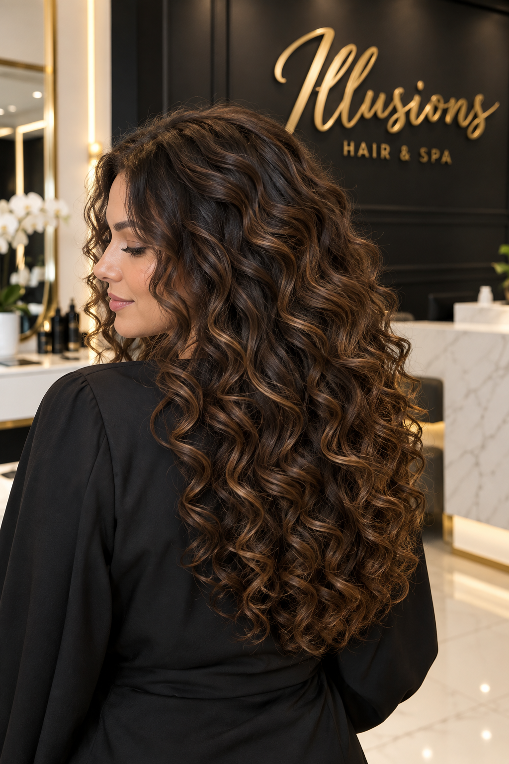 Illustrative long defined brunette curls with caramel ribbons and an Illusions salon backdrop