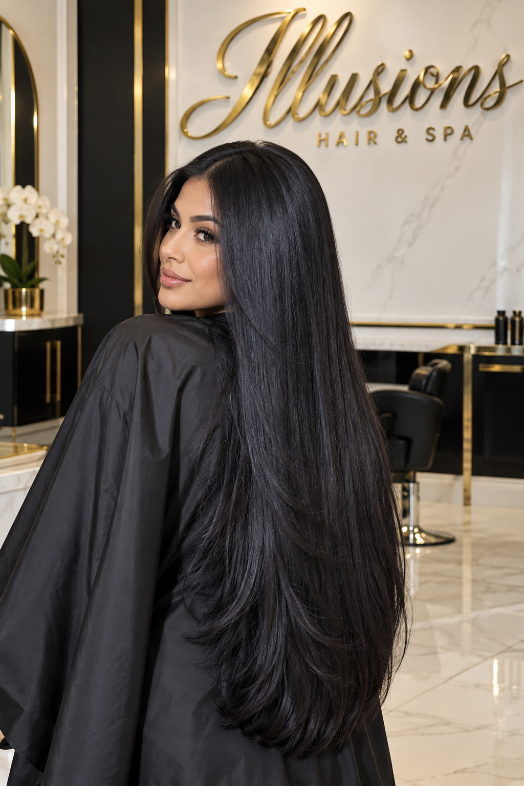 Illustrative Latina woman with long glossy black hair and a white, black and gold Illusions backdrop