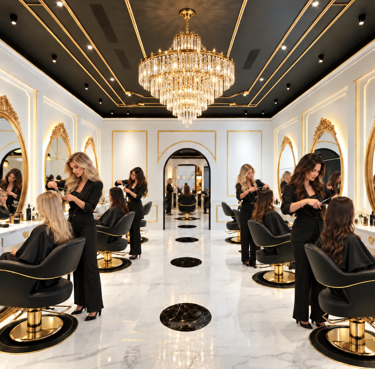 Stylists caring for clients in a white and gold salon beneath a crystal chandelier