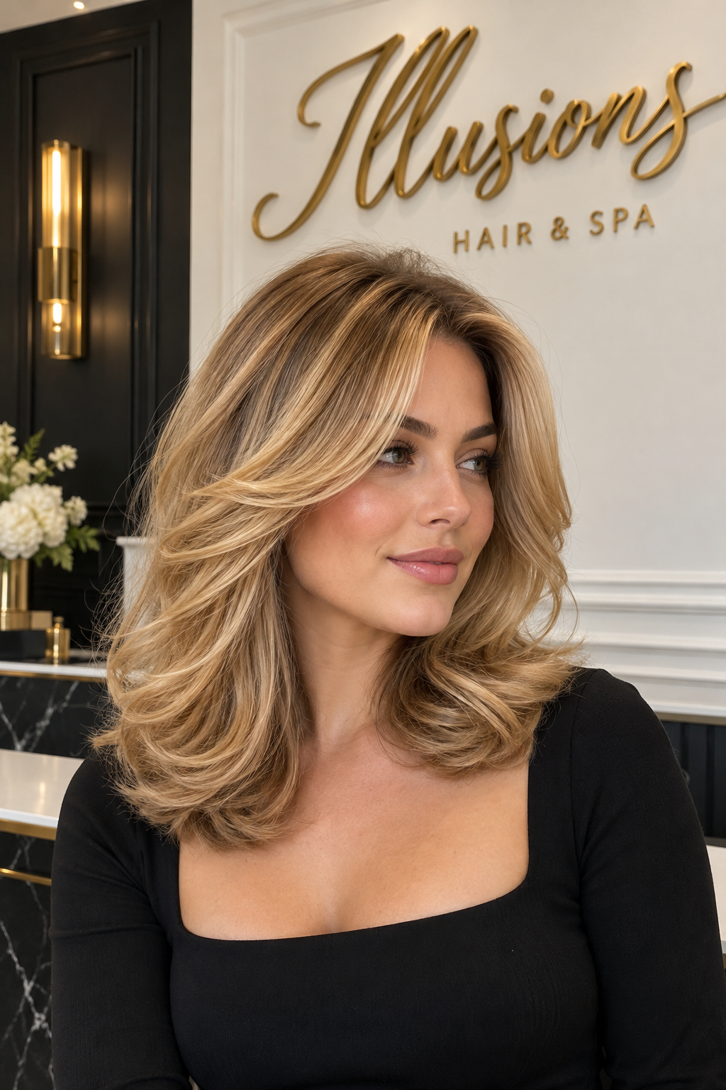 Illustrative honey-blonde voluminous blowout with an Illusions white, black and gold backdrop