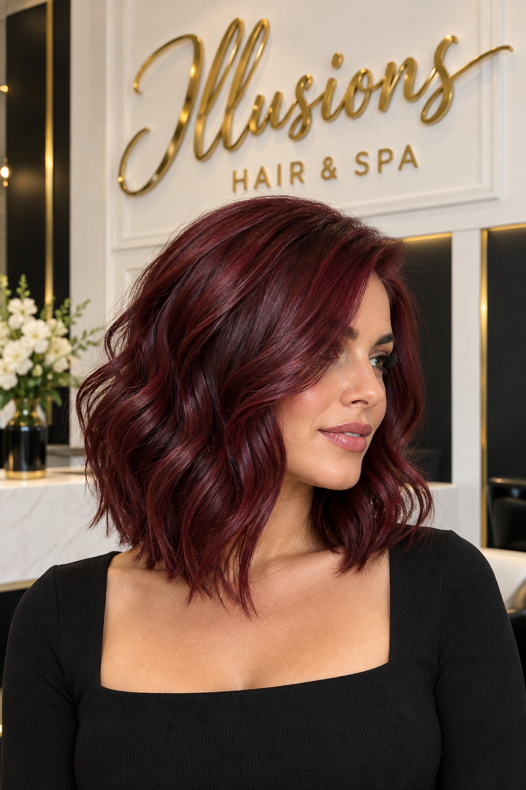 Illustrative glossy burgundy waves in a shoulder-length cut against an Illusions backdrop