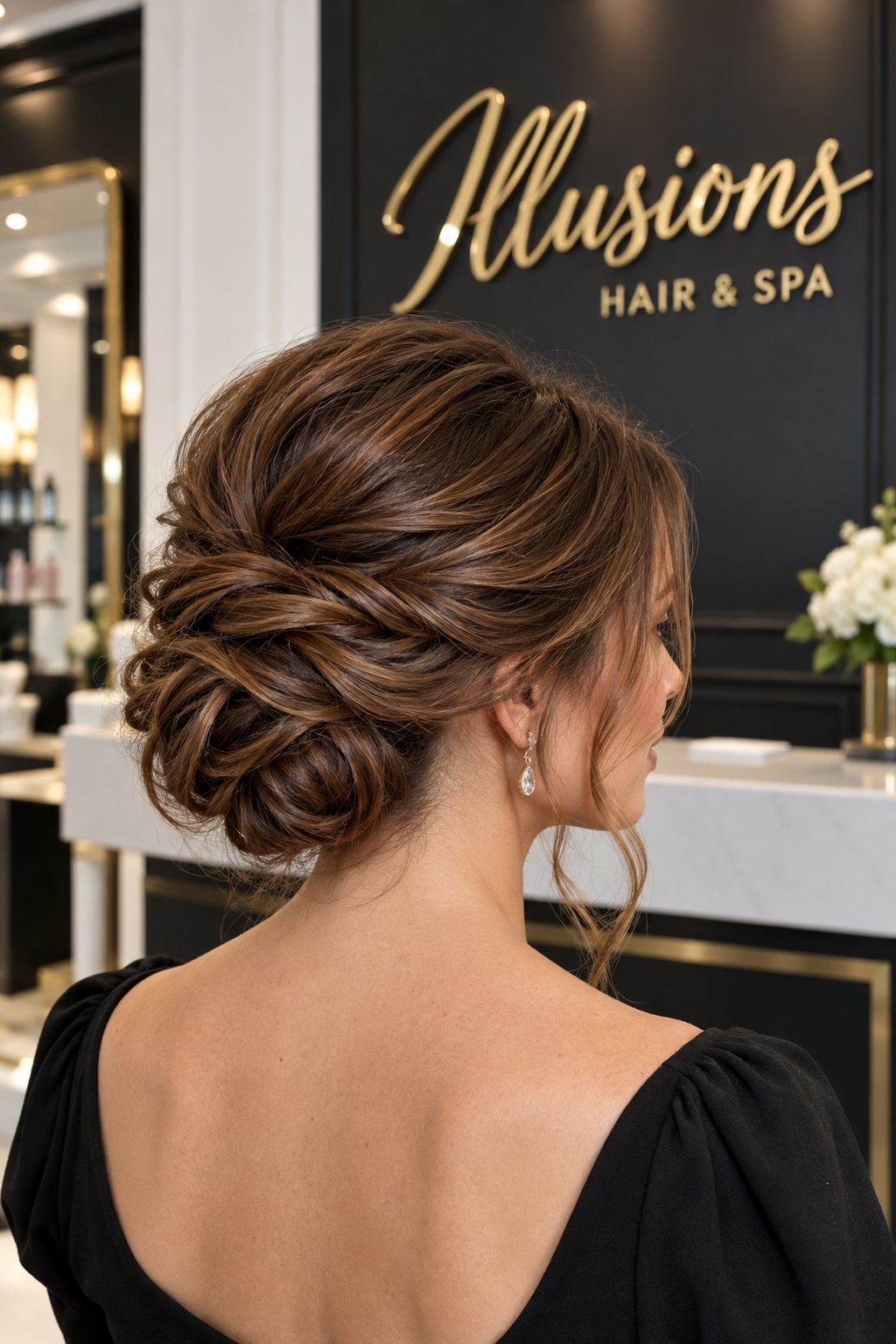 Illustrative chestnut chignon with soft face-framing strands against an Illusions salon backdrop